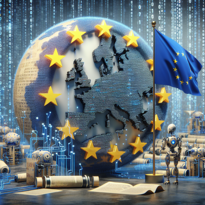 Immagine che evoca la digitalizzazione, l\'Intelligenza artificiale e l\'unione europea e le sue legislazioni Immagine che evoca la digitalizzazione, l\'Intelligenza artificiale e l\'unione europea e le sue legislazioni